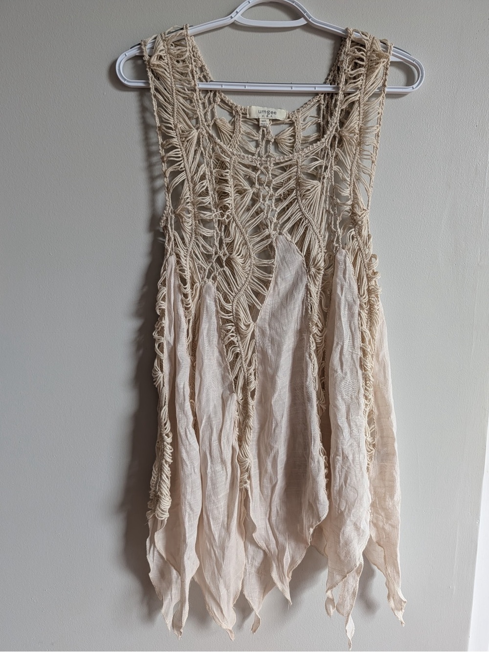 Umgee Cream Crochet Trim Handkerchief Hem Mini Dress
